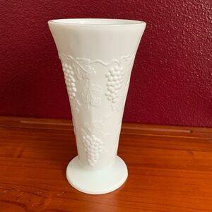Vintage Milk Glass Footed Vase,  Indiana Colony Harvest Grapes & Leaves Pattern